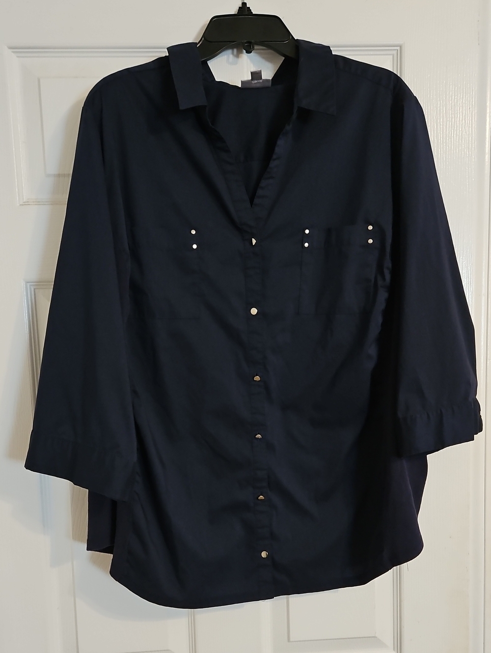 Avenue Navy Button-Up Blouse with Stud Accents